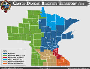 Castle Danger Brewery distribution territory map. Covering form eastern North Dakota to western Wisconsin and all of Minnesota.
