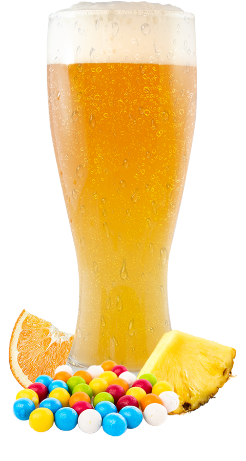 Wheat beer glass with fruit and bubblegum at the bottom.