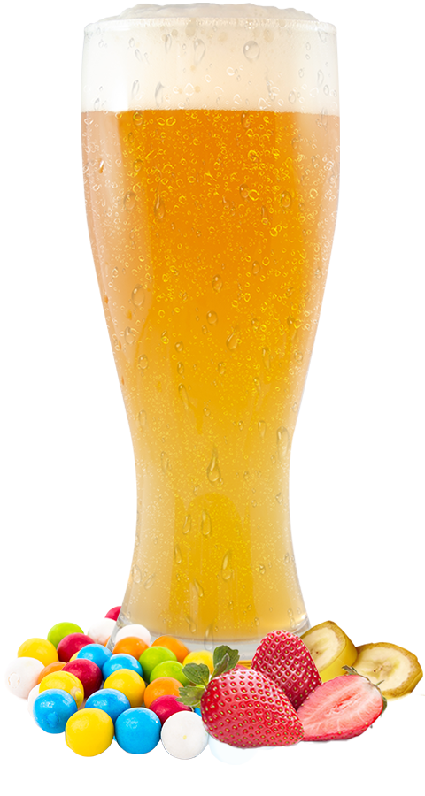 tall glass of beer with bubblegum, strawberry, and banana at the bottom of the glass